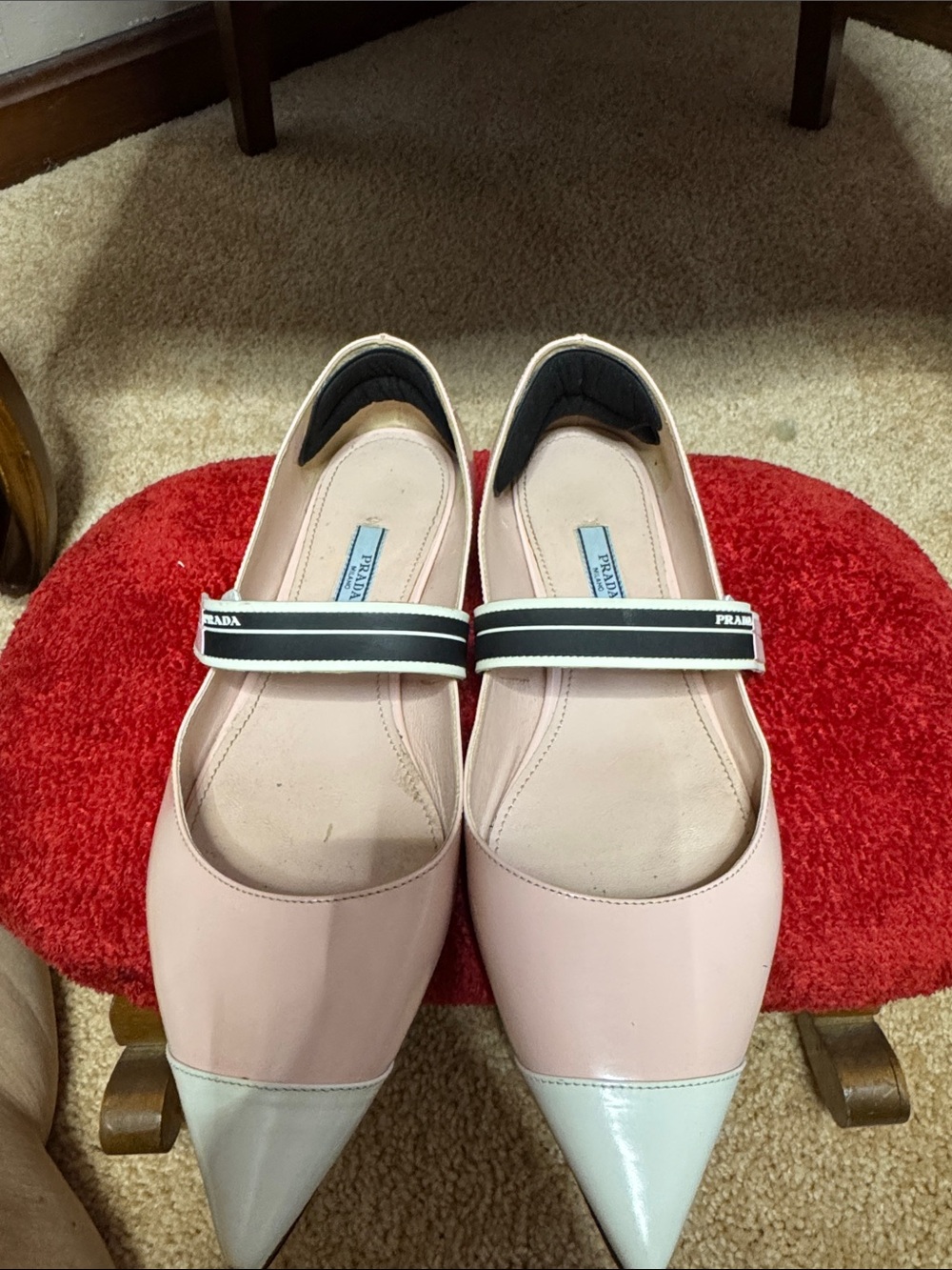 Prada Calfskin Women’s Pointed Toe Mary Jane Flats in Light Pink and White - Picture 2 of 5